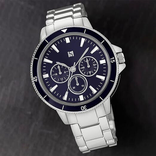 Mens Stylish Battery Operated Analogue Watch with Link Strap and Blue Face